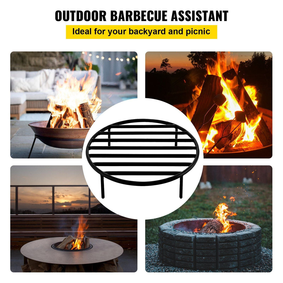 Fire Pit Grate, Heavy Duty Iron Round Firewood Grate, Round Wood Fire Pit Grate 19", Firepit Grate with Black Paint, Fire Grate with 4 Removable Round Legs for Burning Fireplace and Firepits