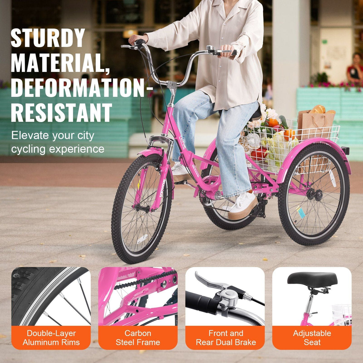 Folding Adult Tricycle, 24-Inch 7-Speed Adult Folding Trikes, Carbon Steel 3 Wheel Cruiser Bike with Basket & Adjustable Seat, Shopping Picnic Foldable Tricycles for Women, Men, Seniors (Pink)