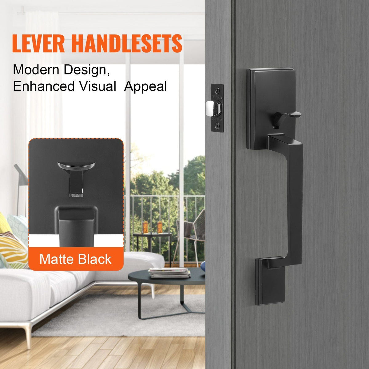 Front Door Handle, Matte Black Square Handle Set with Lever Door Handle No Lock, Adjustable Hole Space, Entry Door Handle with Reversible for Right and Left Handed Entrance and Front Door