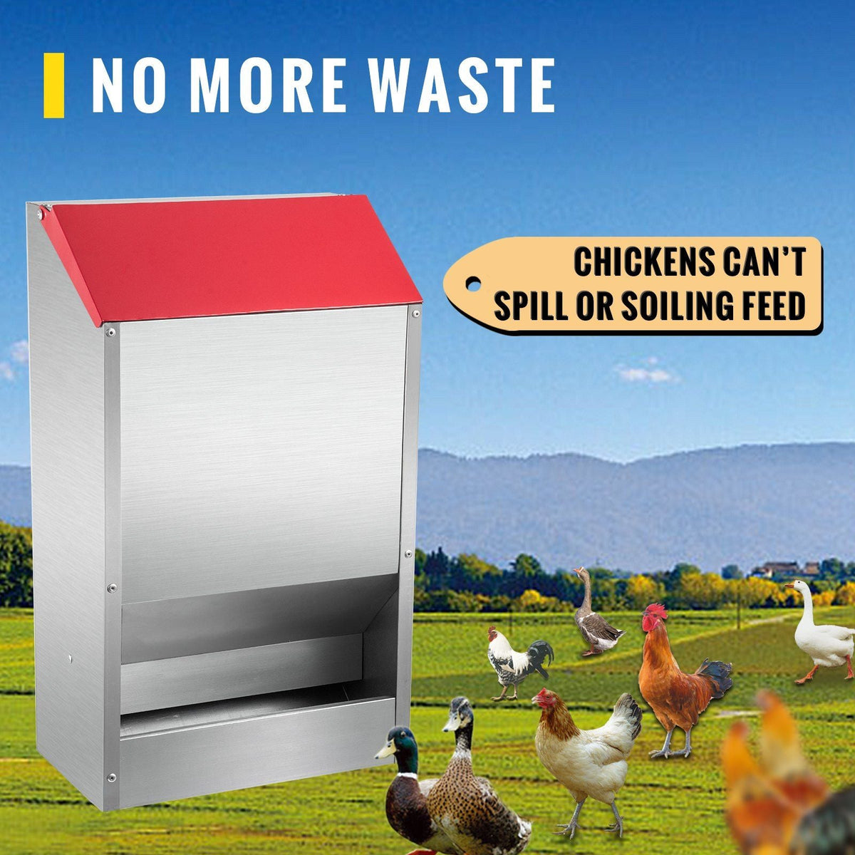Galvanized Poultry Feeder Holds 30lbs of Feed Chicken Feeders No Waste 13.8x8.3x17.7in Hanging Chicken Feeder with Lid Weatherproof Outdoor Coop Food Dispenser for Duck