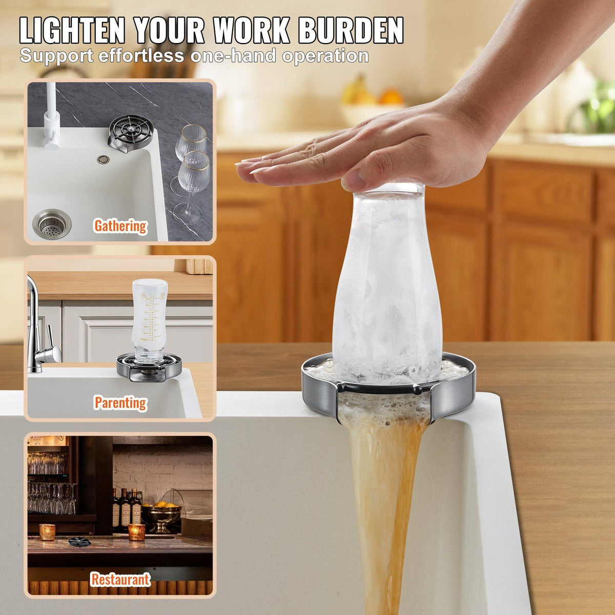 Glass Rinser, 10 Powerful Spraying Jets 360° Rotating Cup Rinser for Sink, 304 Stainless Steel Faucet Cup Washer with ABS Cup Holder for Baby Bottle, Glass Cup, Wine Glass (Silver Grey Base)