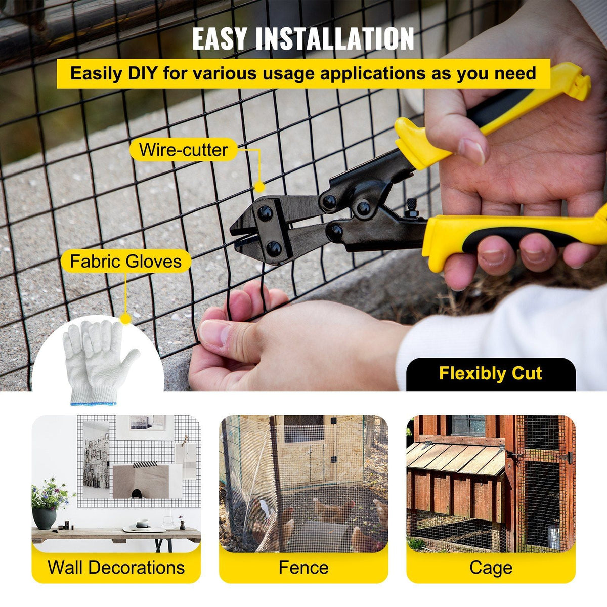 Hardware Cloth, 48" x 50' & 1"x1" Mesh Size, Galvanized Steel Vinyl Coated 16 Gauge Chicken Wire Fencing w/A Cutting Plier & A Pair of Fabric Gloves, for Garden Fencing & Pet Enclosures, Black