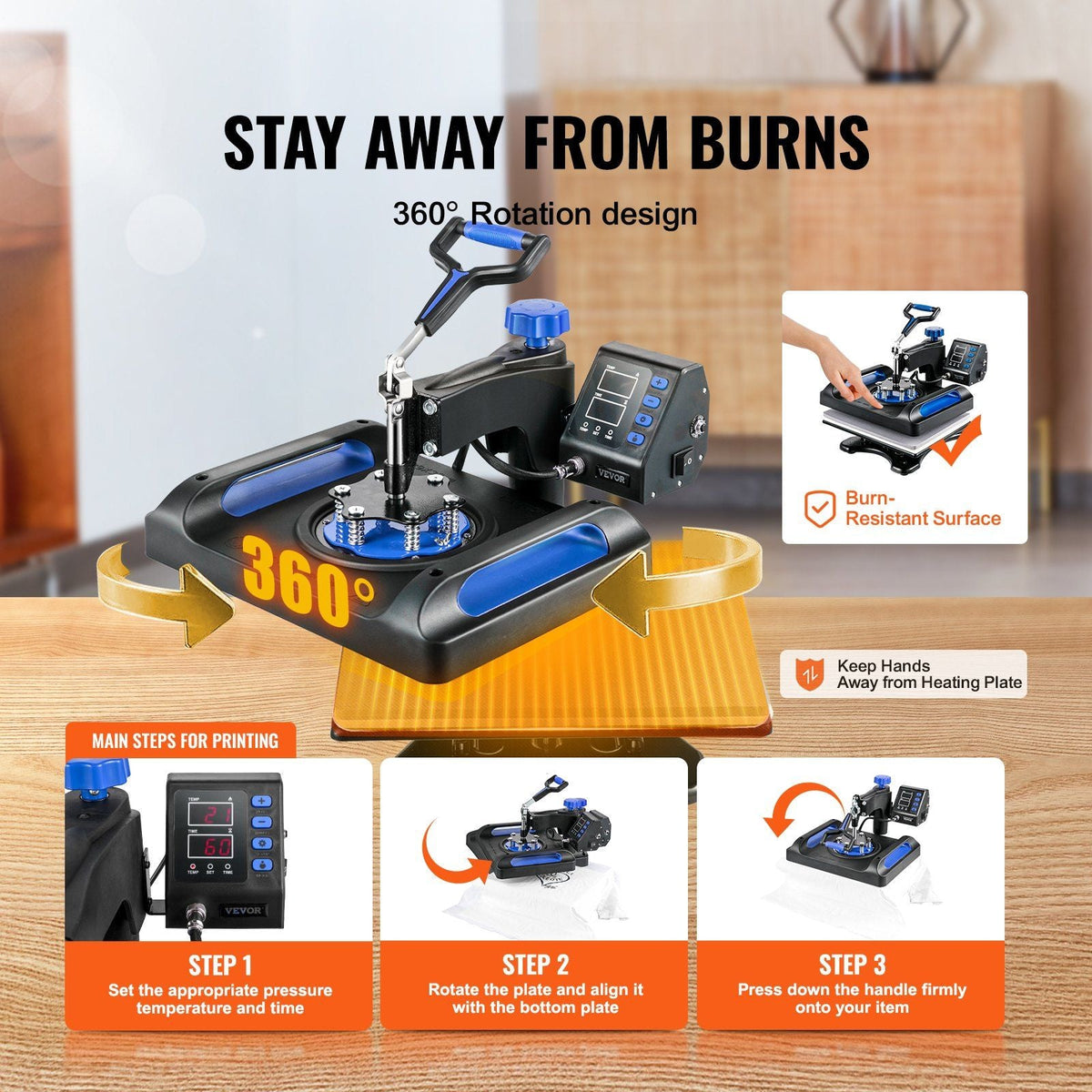 Heat Press Machine 12 x 15 Inch 8 in 1 Heat Press Sublimation Machine 360° Rotation Swing Away 8 in 1 Shirt Printing Machine Dual-Tube Heating for DIY T-Shirts Cap & Mugs Blue