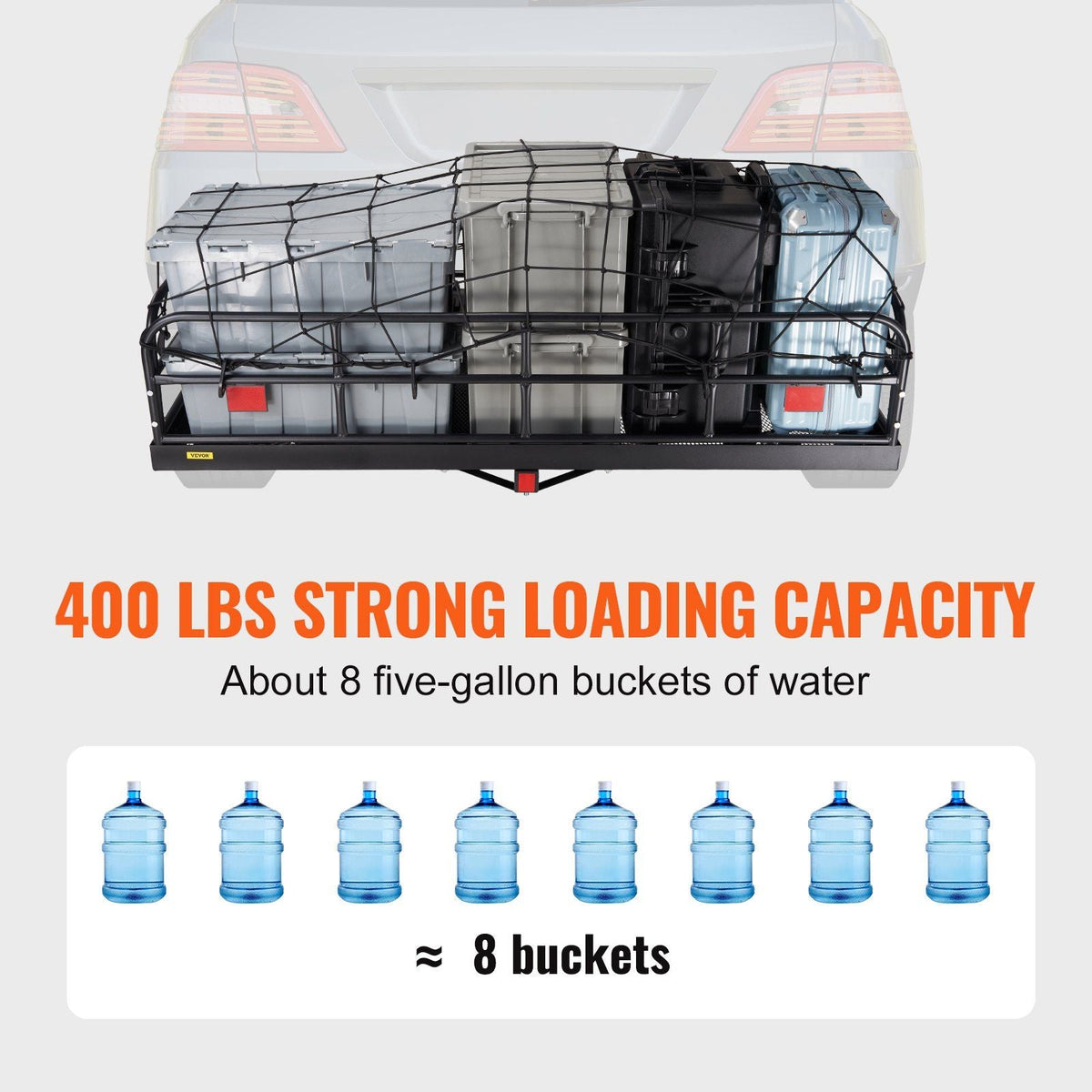 Hitch Cargo Carrier, 60 x 24 x 14 in Folding Trailer Hitch Mounted Steel Cargo Basket, 400lbs Loading Capacity Luggage Carrier Rack with Stabilizer, Fits 2" Hitch Receiver for SUV Truck Pickup