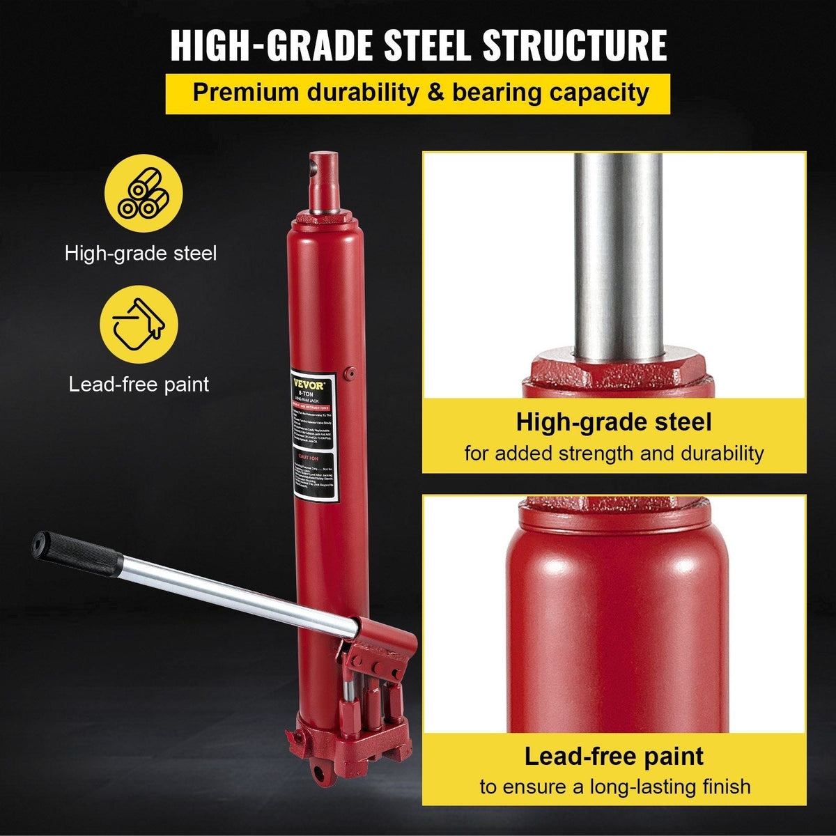 Hydraulic Long Ram Jack, 8 Tons/17636 lbs Capacity, with Dual Piston Pump and Clevis Base, Manual Cherry Picker w/Handle, for Garage/Shop Cranes, Engine Lift Hoist, Red