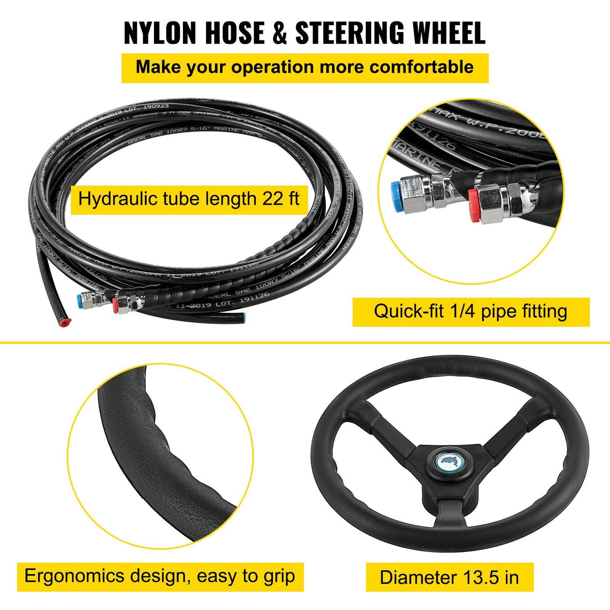 Hydraulic Outboard Steering Kit 300HP, Hydraulic Steering Kit Helm Pump,Hydraulic Boat Steering Kit with 22 Feet Hydraulic Steering Hose for Boat Steering System