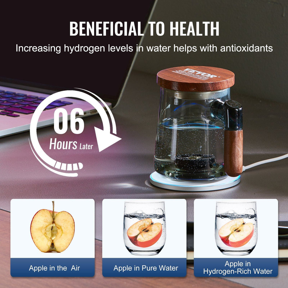 Hydrogen Water Cup, 400 ml / 14.1 oz Hydrogen Generator, SPE Technology Portable Hydrogen Water Ionizer Machine with Wireless Charging Base, Hydrogen Rich Water Bottle Glass Health Cup