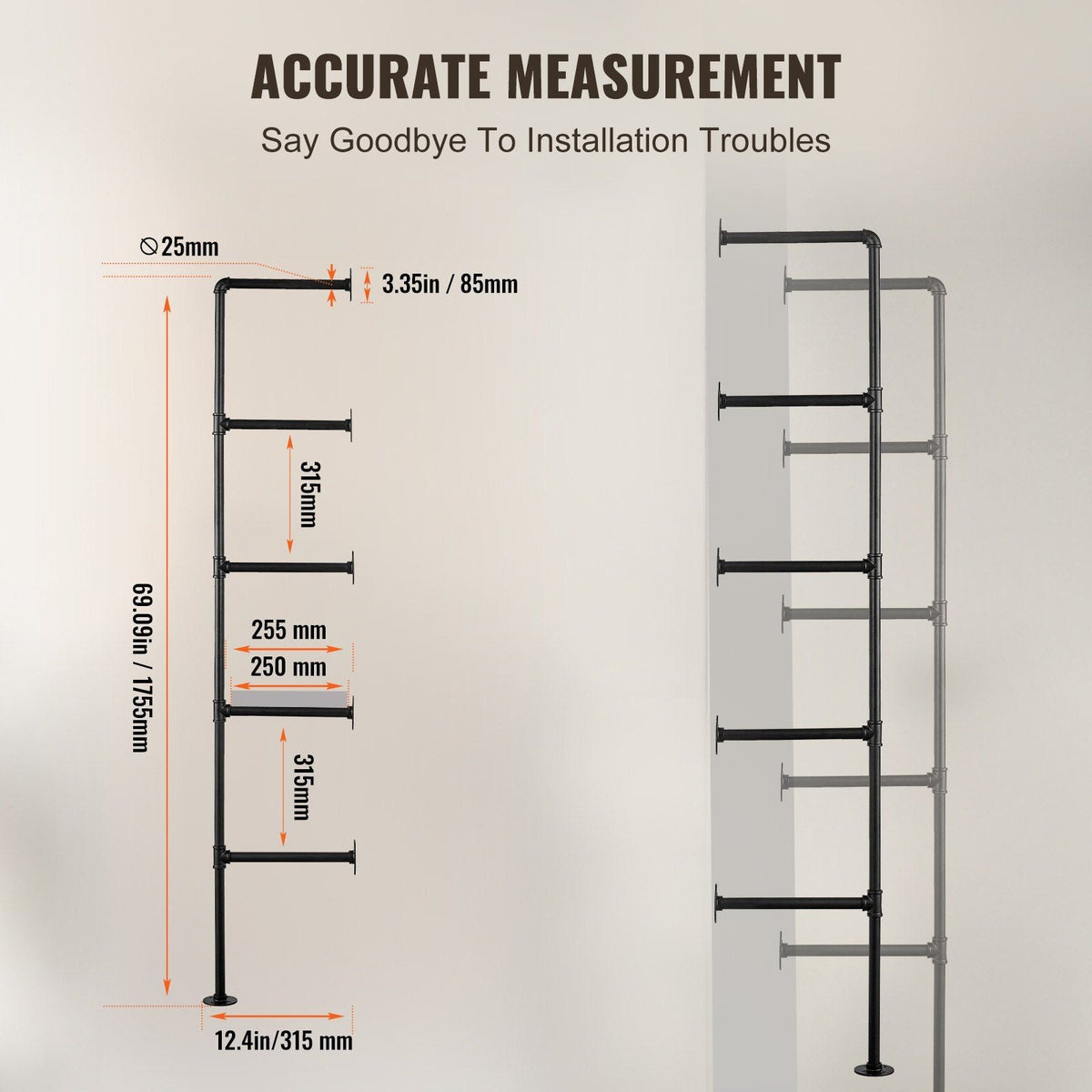 Industrial Pipe Shelf 5 Tier 2PCS 9.84in W Wall-Mount Planks NOT Included