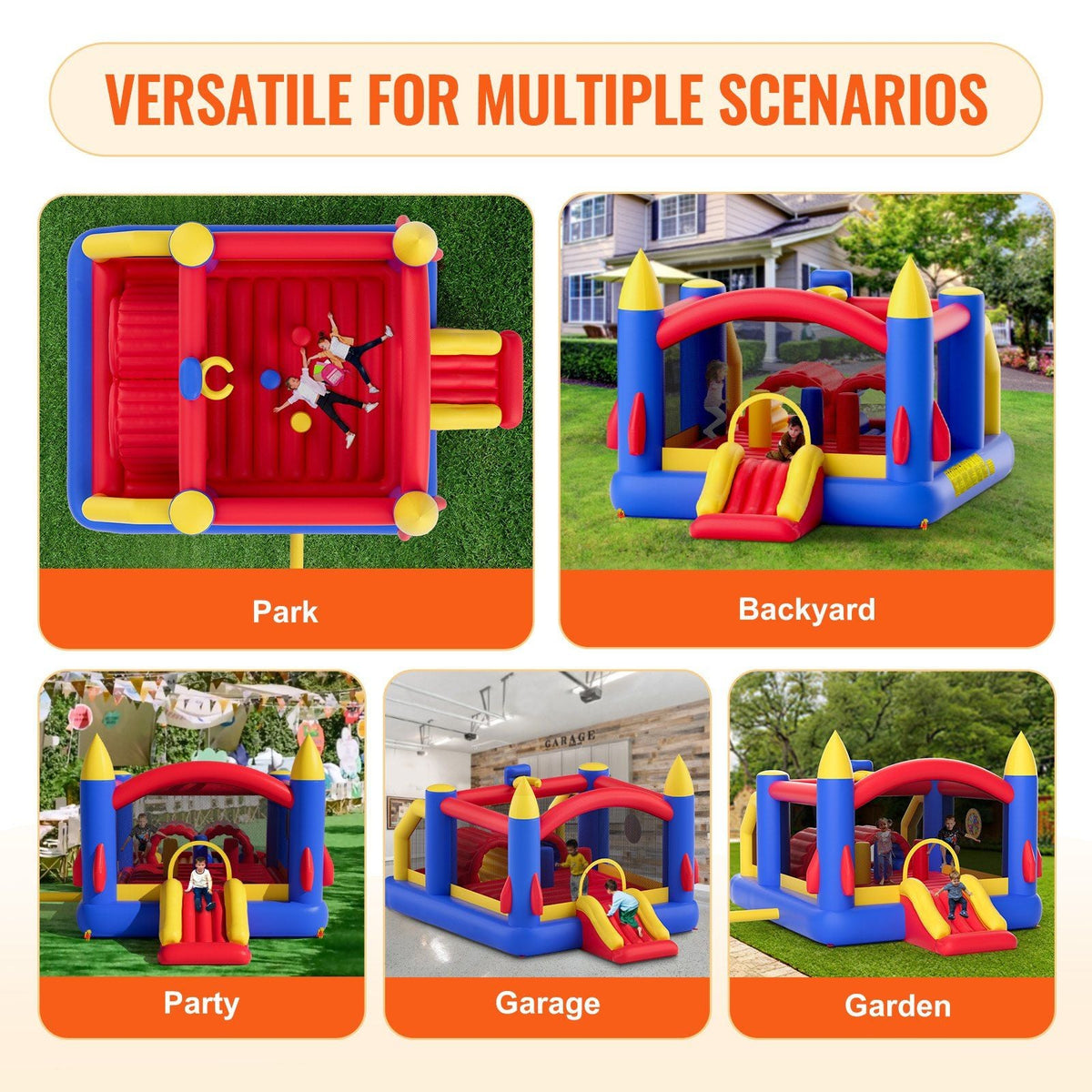 Inflatable Bounce House, Outdoor High Quality Playhouse Trampoline, Jumping Bouncer with Blower, Slide, and Storage Bag, Family Backyard Bouncy Castle, for Kid Ages 3–8 Years, 160x94x96 inch