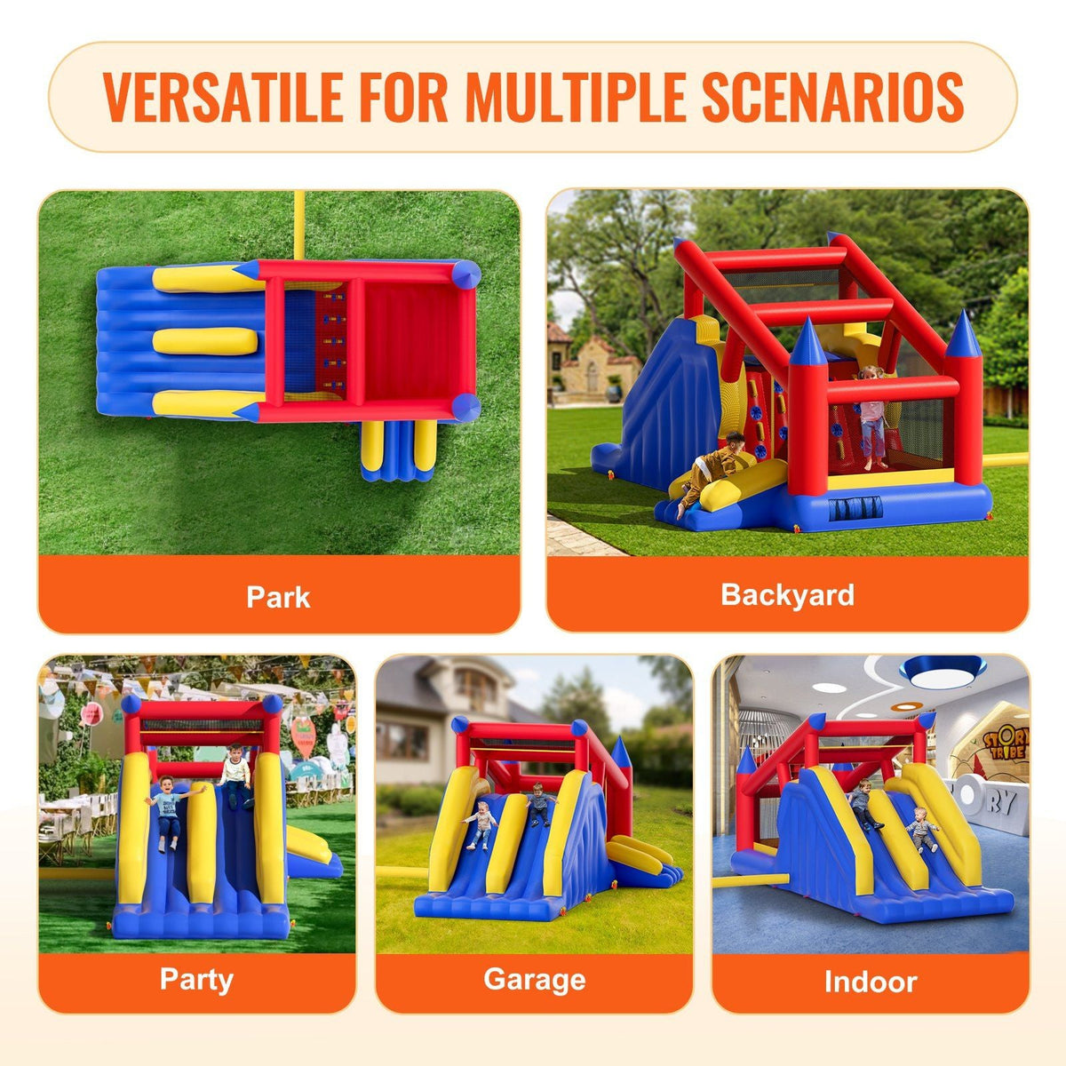 Inflatable Bounce House, Outdoor High Quality Playhouse Trampoline, Jumping Bouncer with Blower, Slide, and Storage Bag, Family Backyard Bouncy Castle, for Kid Ages 3–8 Years, 183x102x92 inch