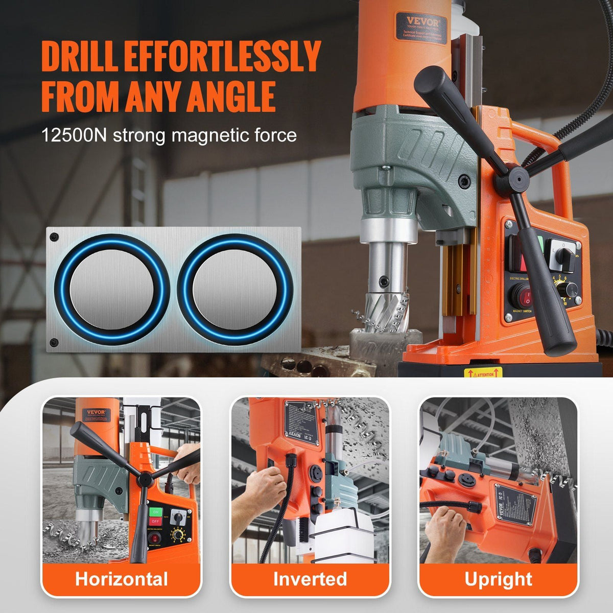 Magnetic Drill, 1450W 1.57" Boring Diameter, 12500N 800 RPM Portable Electric Mag Drill Press, with Variable Speed, Drilling Machine for any Surface Home Improvement Industry Railway