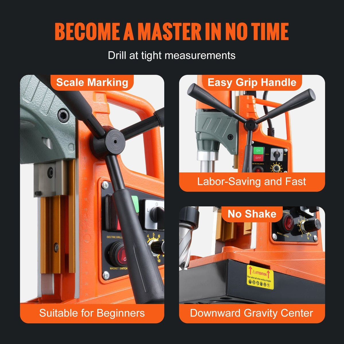 Magnetic Drill, 1450W 2" Boring Diameter, 12800N Portable Electric Mag Drill Press, with Variable Speed, 800 RPM Drilling Machine for any Surface Home Improvement Industry Railway