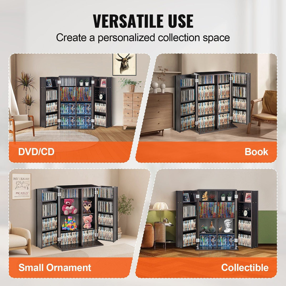 Media Storage Cabinet, 4-Layer DVD Shelf Holds 576 CDs, Adjustable CD Shelves 16 Compartments, Protects & Organizes Music, Movie, Video Games or Memorabilia Collections, Nut-brown