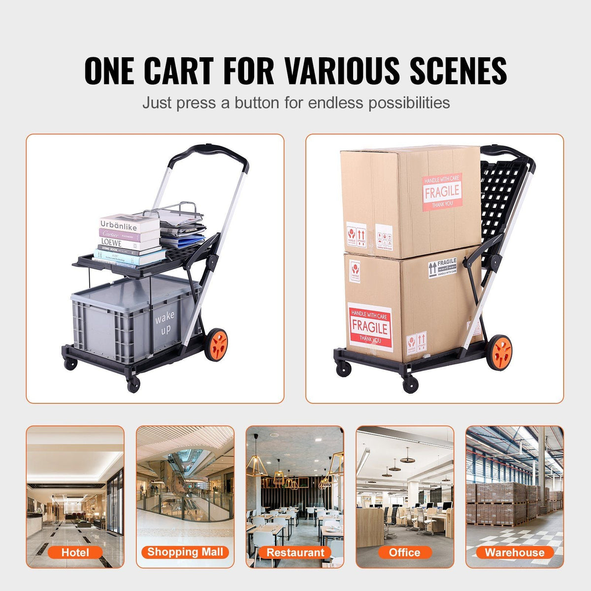 Multi Use Functional Collapsible Cart, 198 lbs Capacity 2-Tier Folding Shopping Cart with Wheels, Collapsible Utility Cart with Storage Crate, 2 in 1 Hand Truck for Grocery/Luggage/Moving/Office