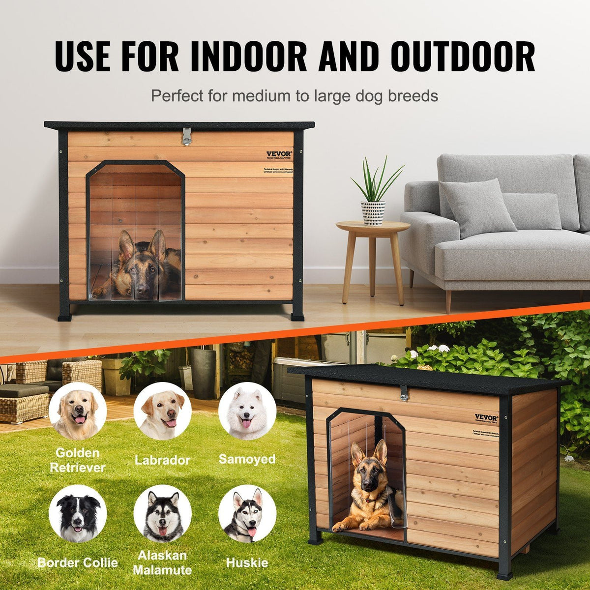 Outdoor Dog House, Waterproof Insulated Dog House with Elevated Floor, Anti-Bite Wood Dog House Outdoor Iron Frame, Open Roof, for Medium to Large Dogs