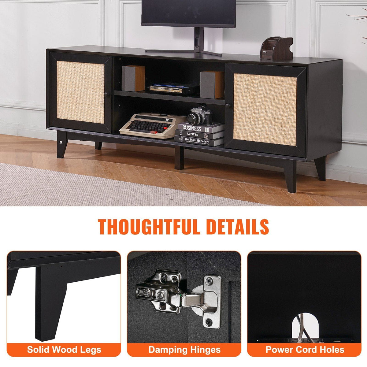 Rattan TV Stand for 75in TV, Boho TV Stand with Rattan Door, Entertainment Center with Build-in Socket, Storage Cabinet with 2 Shelves, Modern TV Console for Living Room, Media Room, Black