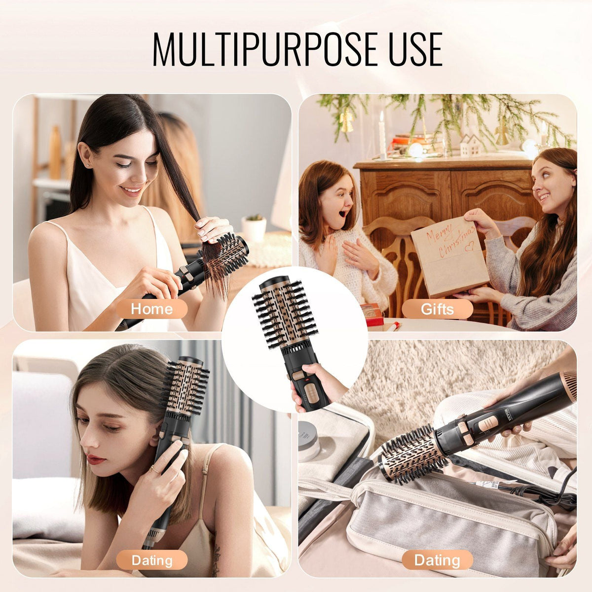 Rotating Hair Dryer Brush Hot Air Styling Brush with 3 Interchange Heads
