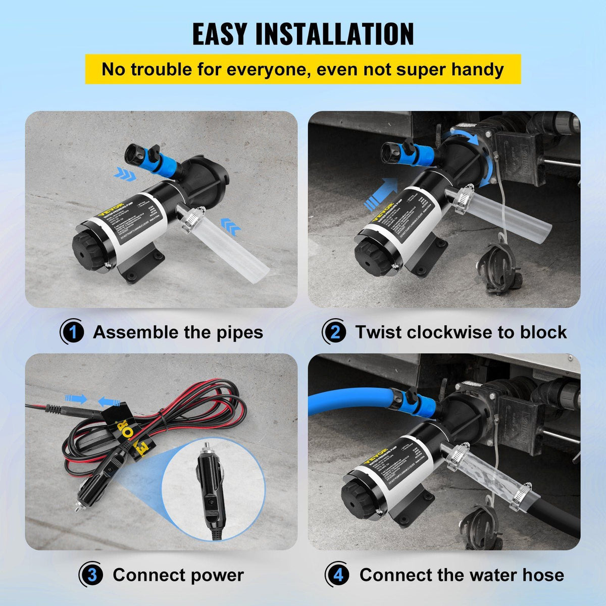 RV Macerator Pump, 12V 12GPM Self-priming Water Waste Pumps w/RV Connector & Hose, 16 ft Lifting Height, 60s Dry Run Quick Release, Fresh Water Rinse & Manual Crushing Function, for RV Yacht