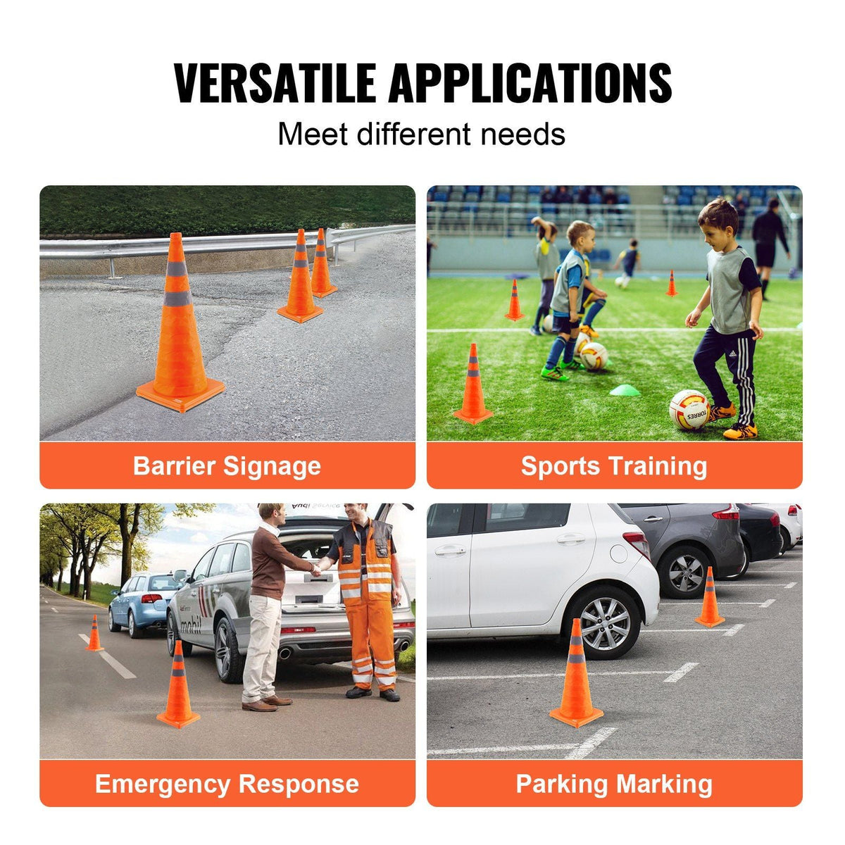 Safety Cones, 2 Pack 28 inch Collapsible Traffic Cones, Construction Cones with Reflective Collars, Wide Base and A Storage Bag, for Traffic Control, Driving Training, Parking Lots
