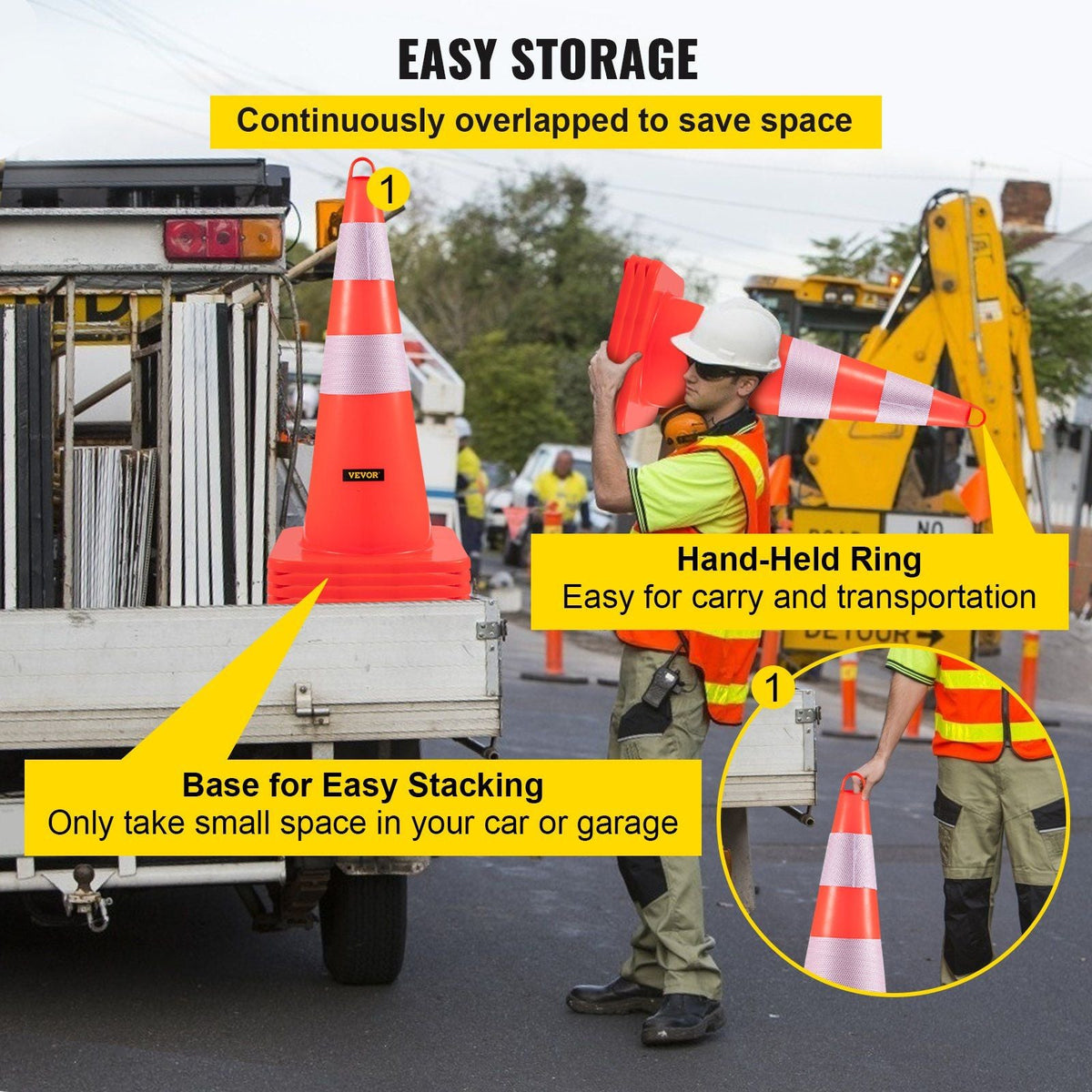 Safety Cones, 6 x 28" Traffic Cones, PVC Orange Construction Cones, 2 Reflective Collars Traffic Cones with Weighted Base and Hand-Held Ring Used for Traffic Control, Driveway Road Parking