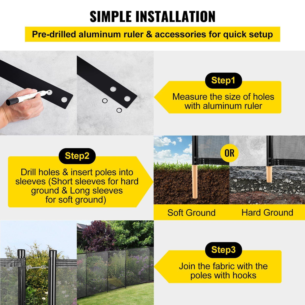 Sentry Security Pool Fence 4x48 ft Removable Pool Fence Hole Size 1.1x 3.5 in Pool Fences for In-ground Pools 44 Sleeves Pool Fence DIY by Life Saver Fencing Section Kit Black