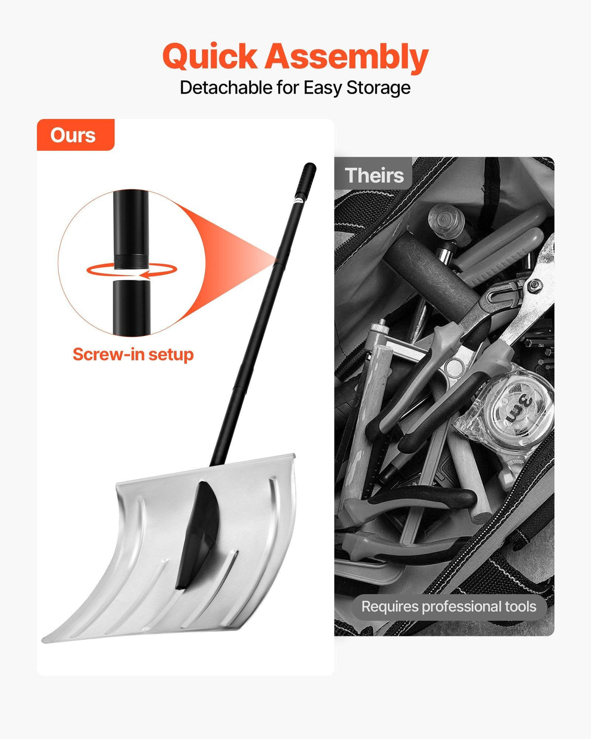 Snow Shovel for Driveway, 16 in Wide Aluminum Alloy Snow Shovel, Non Slip Grip, Large Capacity Snowplow Shovels, Detachable & Lightweight Snows Removal Tool for Garden Car Camping Outdoors