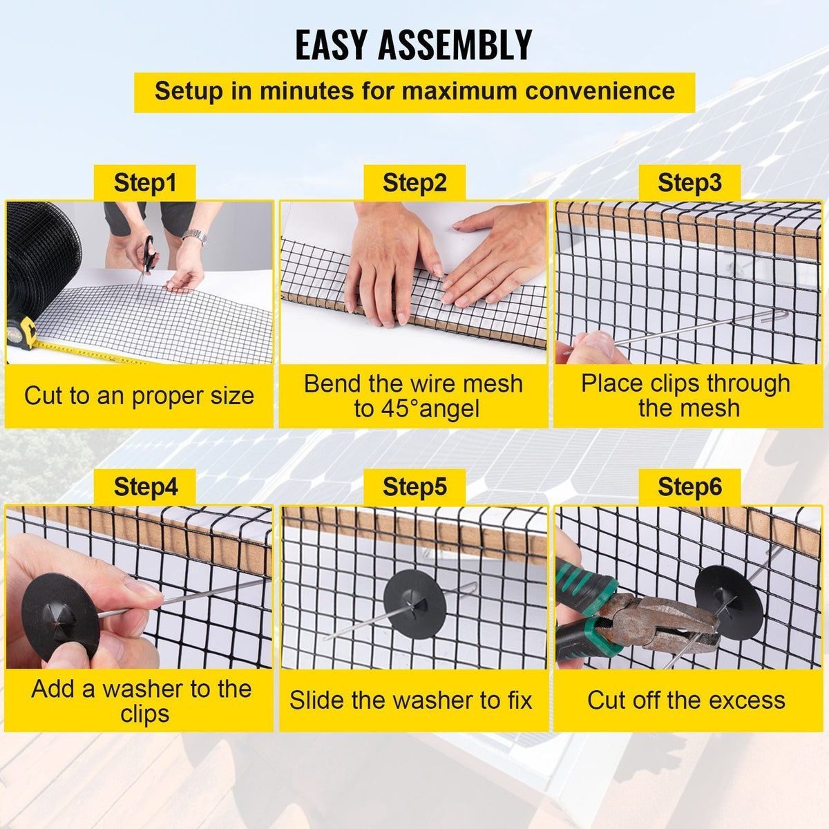 Solar Panel Bird Wire, 6inch x 98ft Critter Guard Roll Kit, Solar Panel Guard w/ 100pcs Stainless Steel Fasteners, 50pcs Tie Wires, Removable PVC Coated Wire for Squirrel Bird Critters Proofing