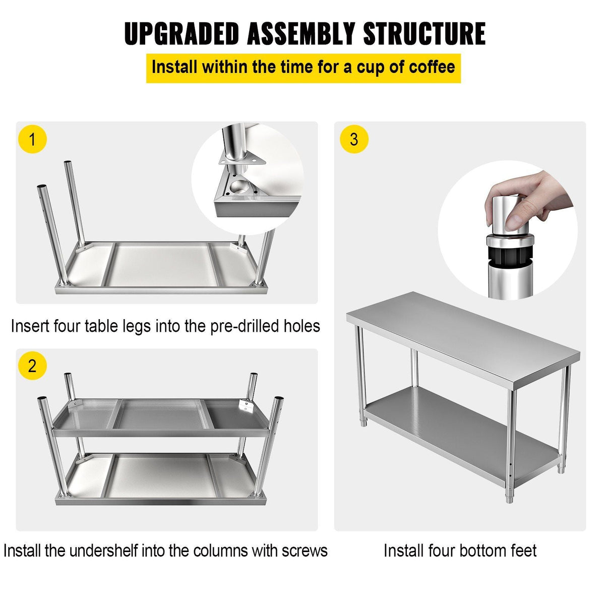 Stainless Steel Prep Table, 60 x 24 x 34 Inch, 550lbs Load Capacity Heavy Duty Metal Worktable with Adjustable Undershelf, Commercial Workstation for Kitchen Restaurant Garage Backyard
