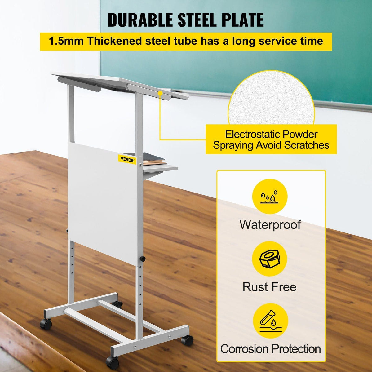 Stand Up Lectern, Height Adjustment Portable Pulpit, Lectern Podium with 4 Rolling Casters, Lower Storage Shelf Floor Lectern Podium, White Lecterns & Podiums for Classroom, Concert, Church