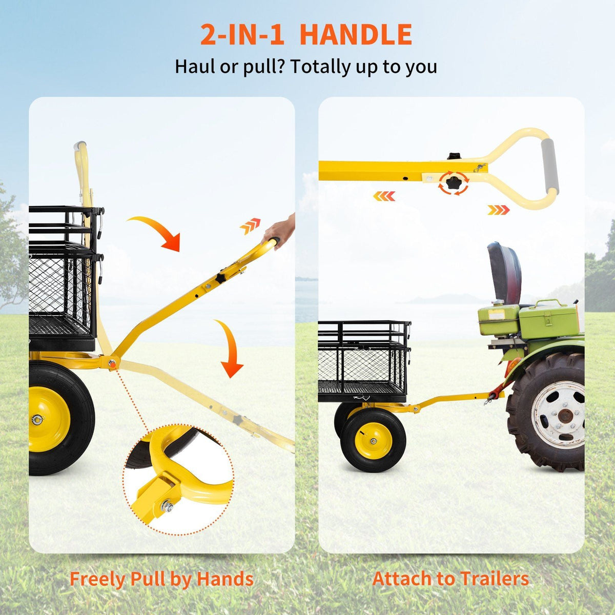 Steel Garden Cart, Heavy Duty 1400 lbs Capacity, with Removable Mesh Sides to Convert into Flatbed, Utility Metal Wagon with 2-in-1 Handle and 15 in Tires, Perfect for Garden, Farm, Yard