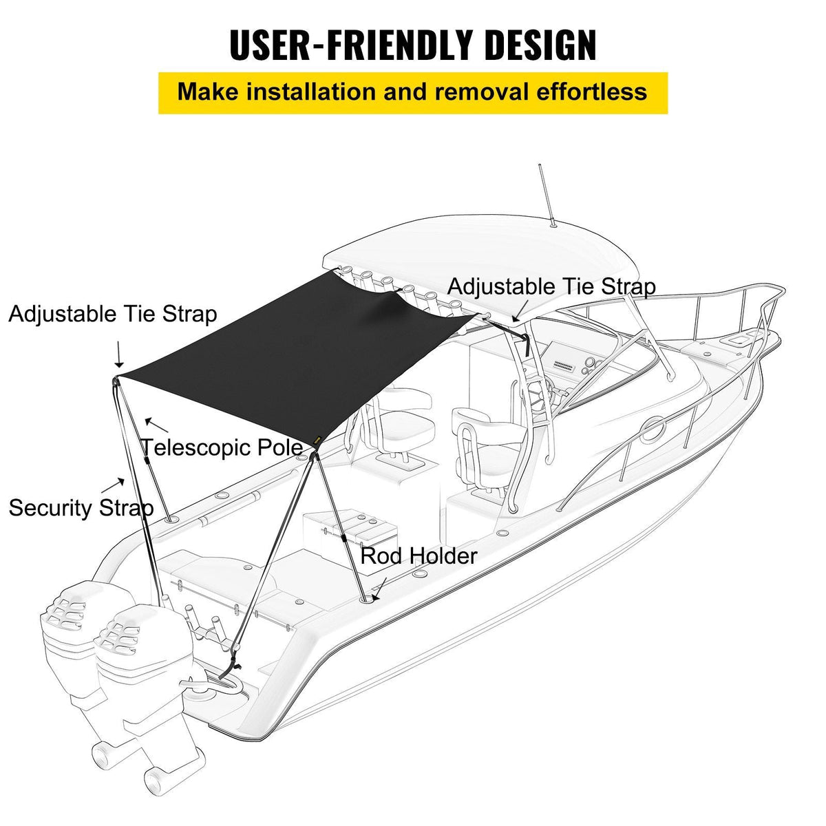 T-Top Sun Shade Kit 6' x 5', UV-Proof 600D Polyester T-top Extension Kit with Rustproof Steel Telescopic Poles, Waterproof T-Top Shade Kit, Easy to Assemble for T-Tops & Bimini Top