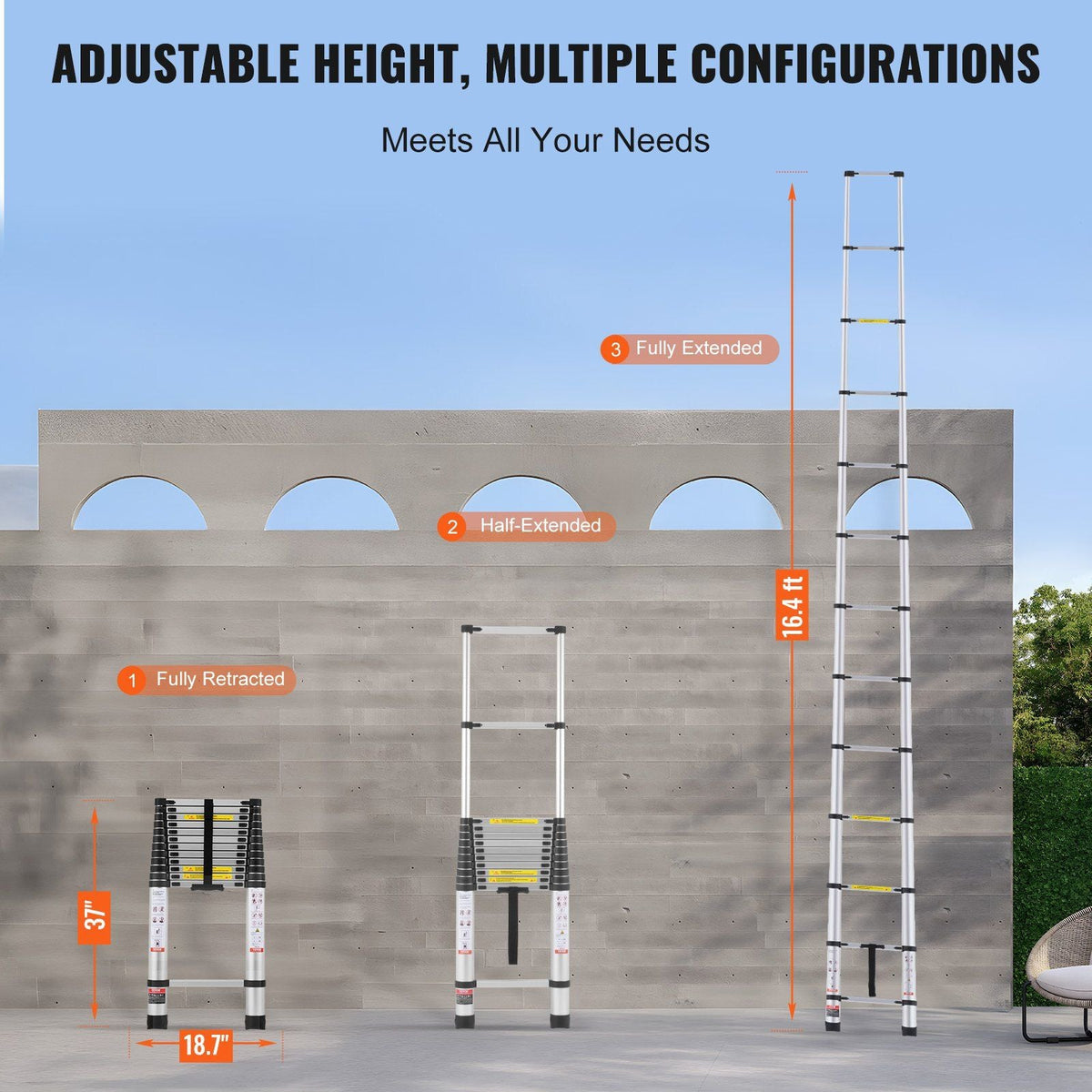 Telescoping Extension Ladder 16.4FT Multi-button Retraction 375 LBS