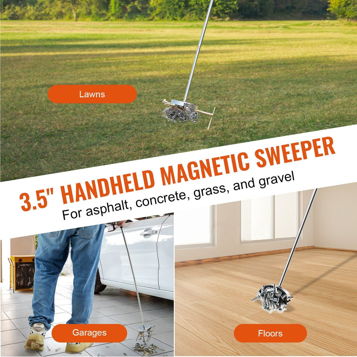 Telescoping Magnetic Sweeper Pickup Tool, 3.5inch Handheld Screws Parts Finder with 35LB Pull Capacity, Retractable Handle 8.3 to 33 inches with Strong Magnet, Pick up Nails Screws Metal Parts