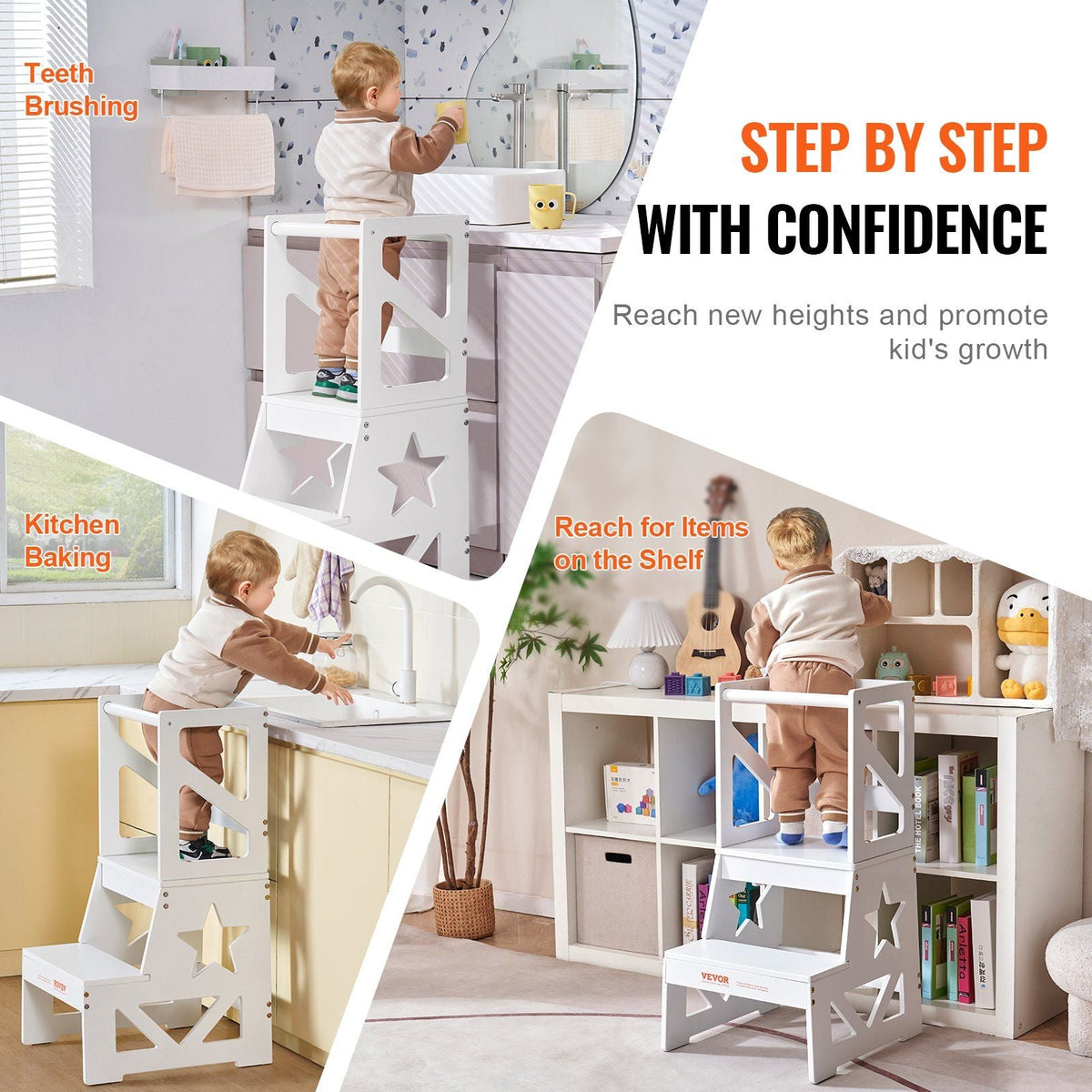 Toddler Step Stool, Natural Pine Wood Kids Kitchen Stool with Safety Rail, Standing Tower Learning Stool for Bedroom Bathroom Kitchen Counter, 150LBS Loading Capacity, White
