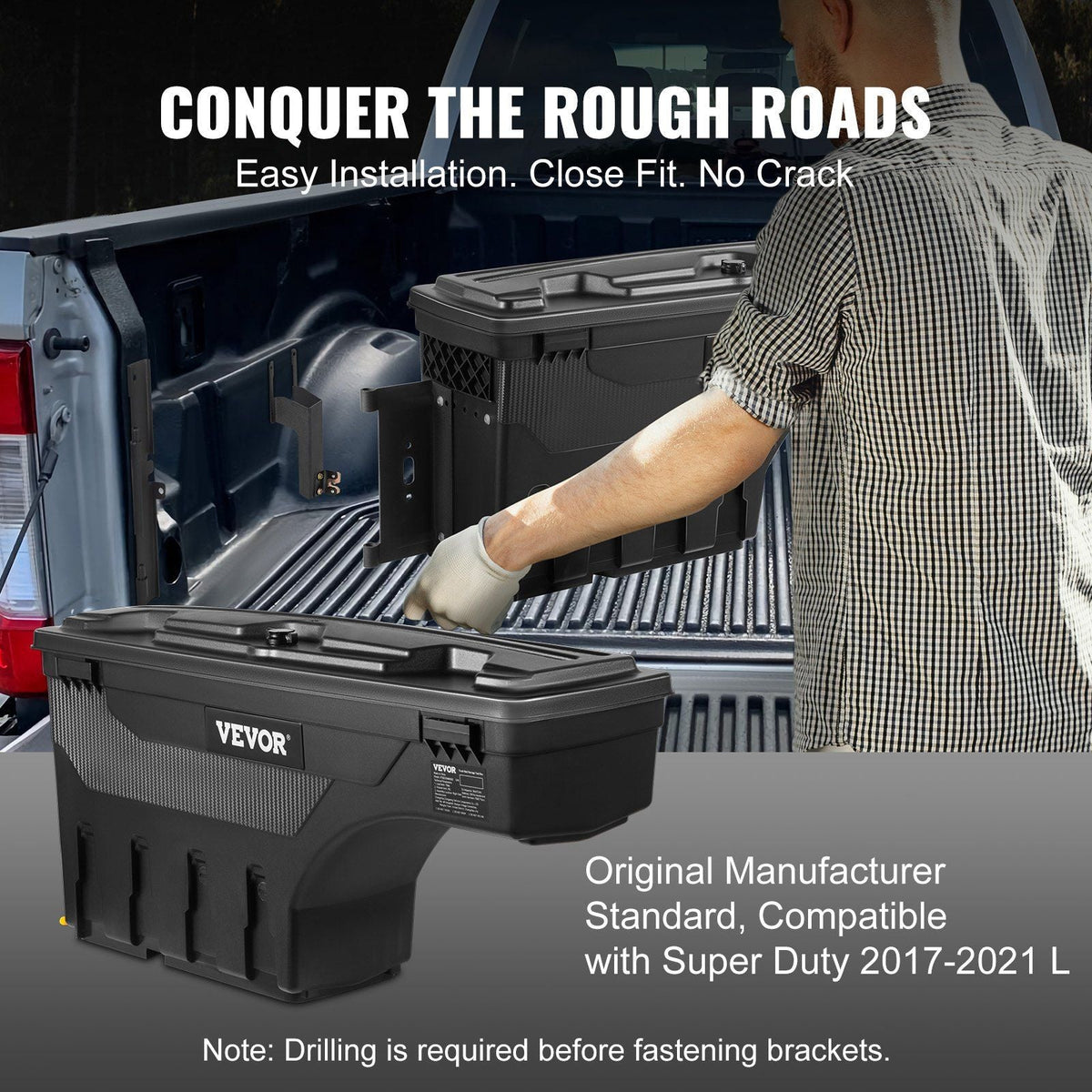 Truck Bed Storage Box, Lockable Swing Case with Password Padlock, 6.6 Gal/25 L ABS Wheel Well Tool Box, Waterproof and Durable, Compatible with Ford Super Duty 2017-2021, Drivers Side