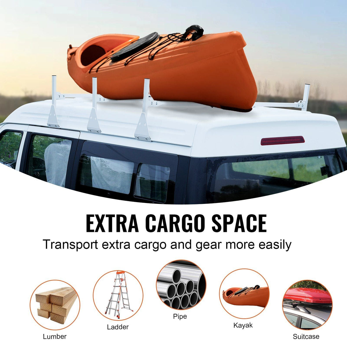 Van Ladder Rack, 56.3-61.4" Adjustable Rain Gutter Van Roof Racks, Alloy Steel Roof Rack with 750 lbs Capacity, Van Roof Ladder Rack with Ladder Stoppers, Compatible with Full-Size Vans, 3 Bars