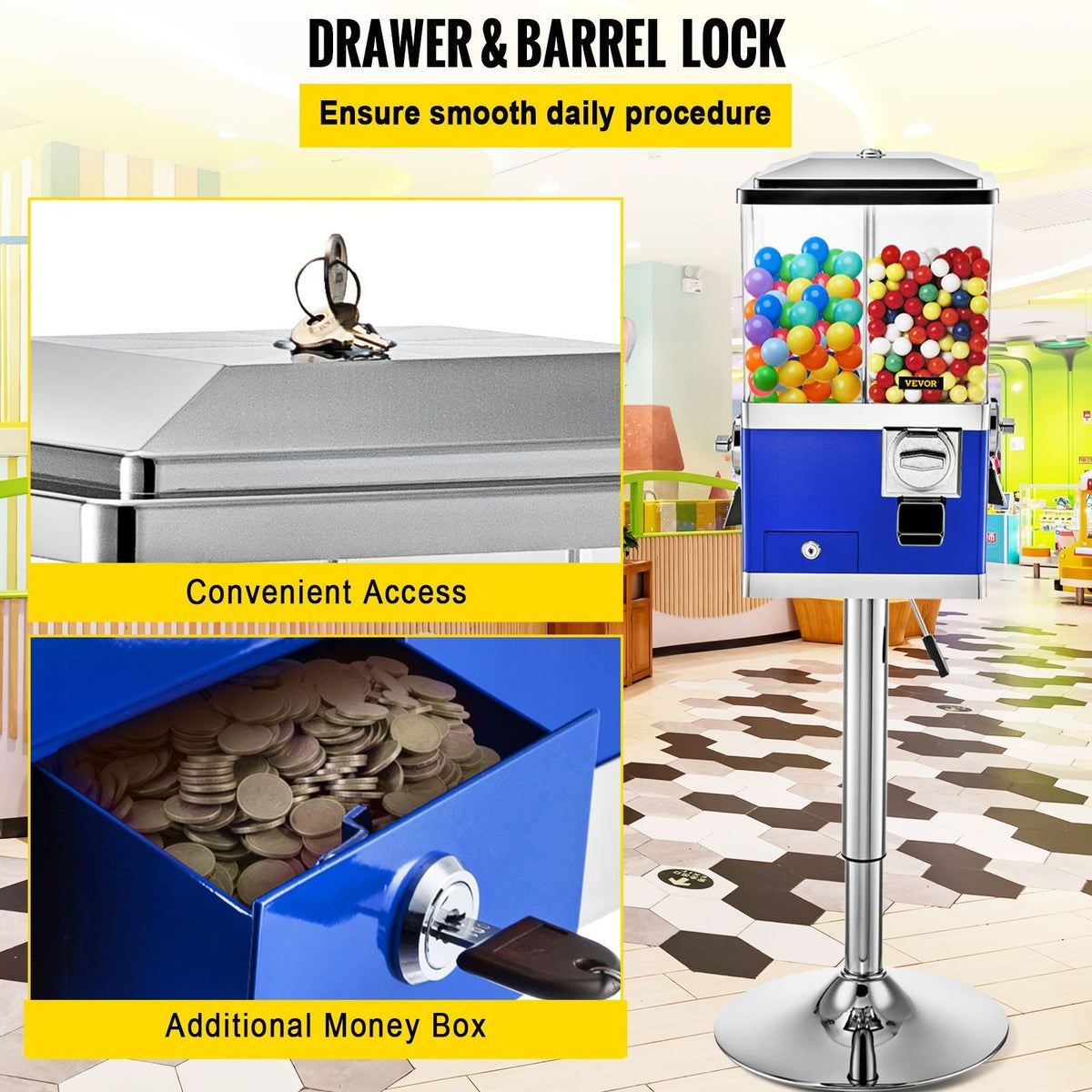 Vending Machine with Stand, Blue Quarter Candy Dispenser, Rotatable Four Compartments Square Candy Vending Machine, PC & Iron Large Gumball Bank Adjustable Dispenser Wheels for 1 inch Gumballs