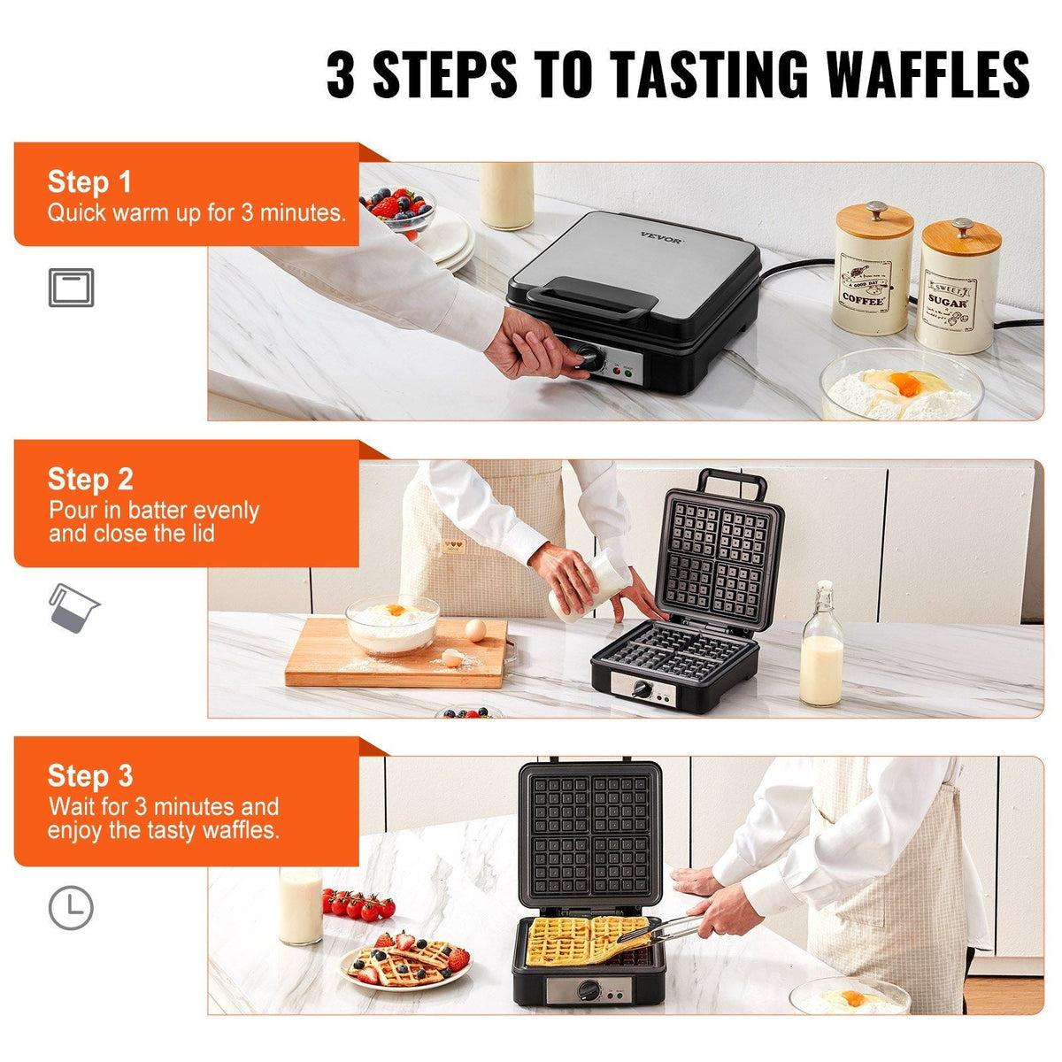 Waffle Maker, 4 Slices per Batch, 1200W Square Waffle Iron, Non-Stick Waffle Baker Machine with 122-572°F / 50-300°C Temperature Range Teflon-Coated Baking Pans Stainless Steel Body, 120V