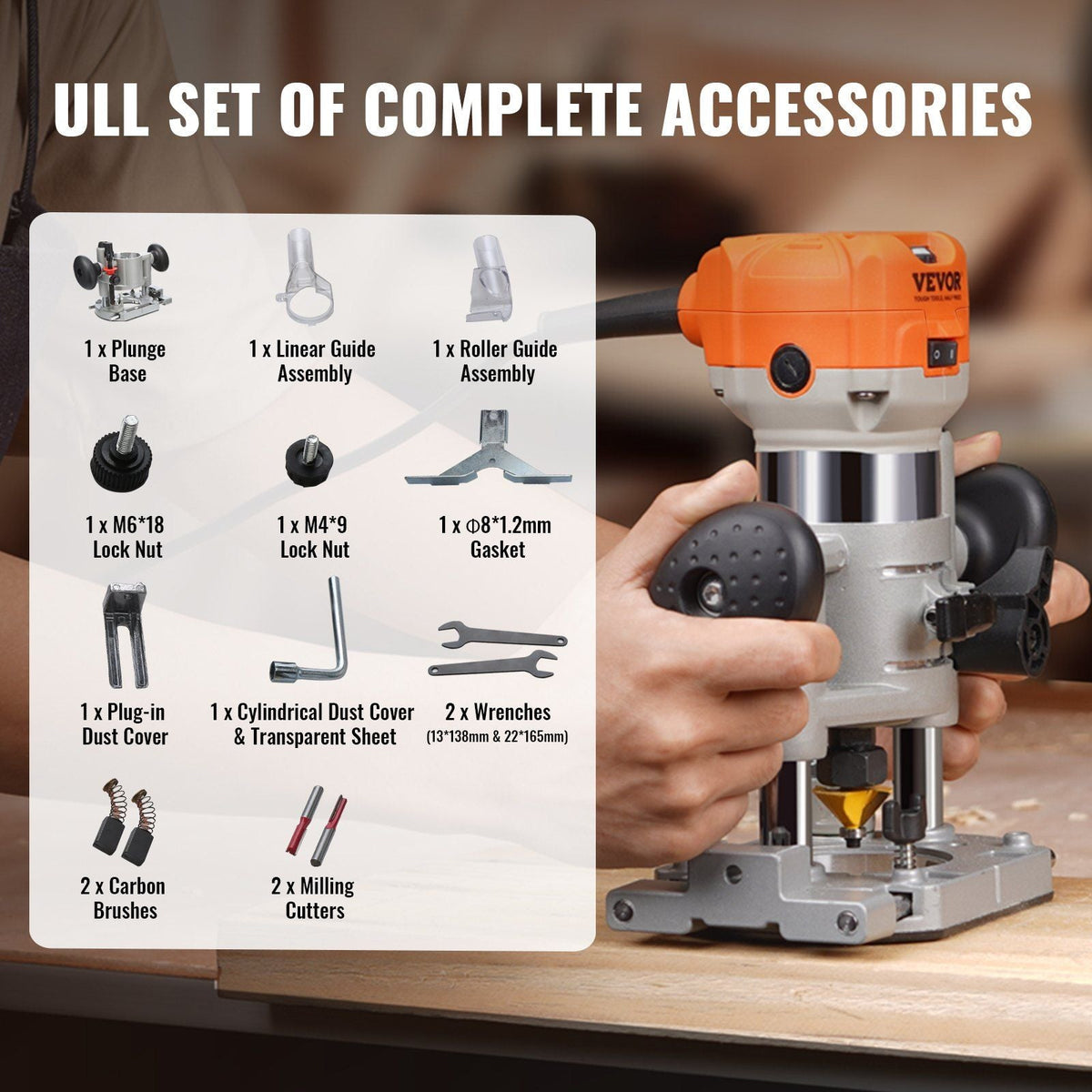 Wood Router, 1.25HP 800W, Compact Wood Trimmer Router Combo Tool with Plunge and Fixed Base, 30000RPM 6 Variable Speeds, with 1/4'' & 5/16'' Collets Dust Hood, for Woodworking Slotting Trimming