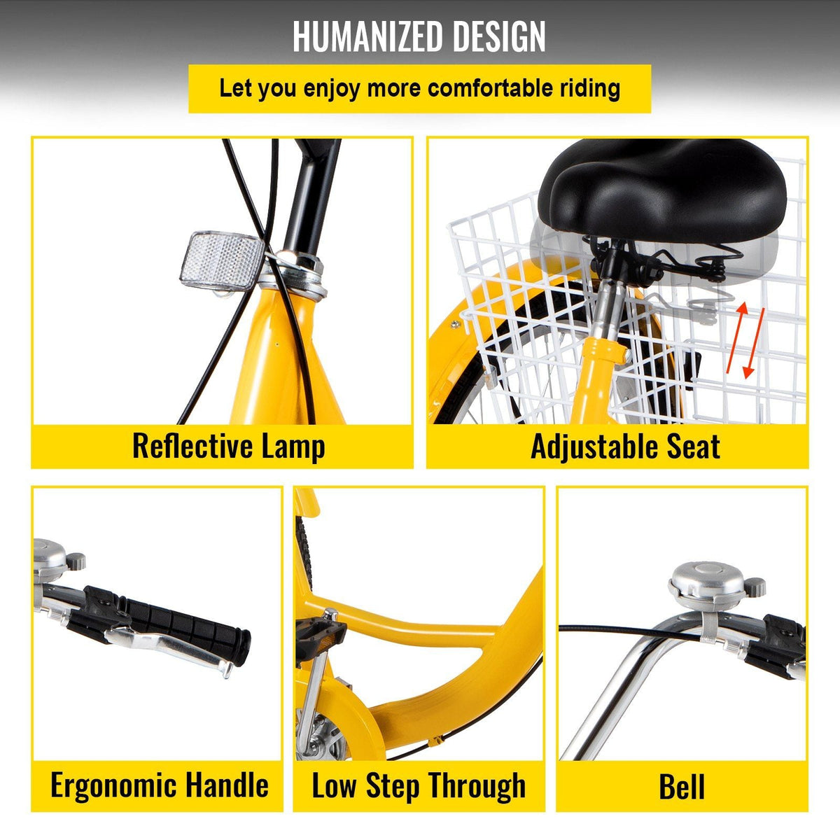 Yellow Adult Tricycle 24'' 1-Speed 3 Wheel Bikes, Foldable Adult Tricycle 3 Wheel Bike Trike for Adults, Cruise Bike 24 Inch Seat Adjustable Trike with Bell, Brake System and Basket for Shopping