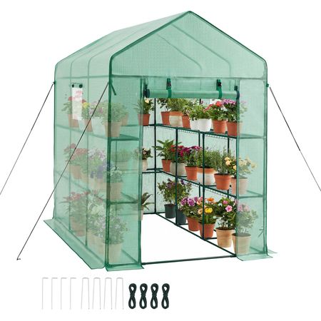 Walk-in Green House, 54 x 81.1 x 77.2 in, Greenhouse with Shelves, High Strength PE Cover with Zipper Door and Steel Frame, Assembly in Minutes, Suitable for Planting and Storage