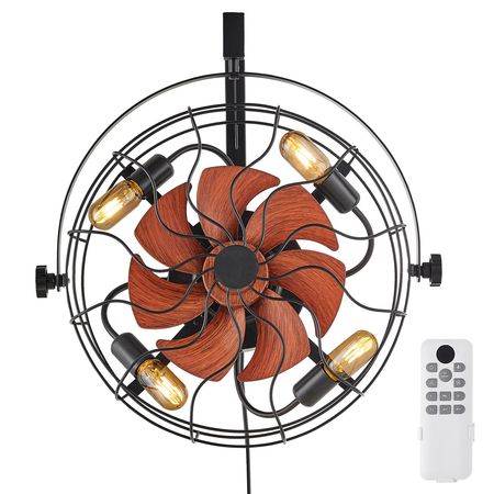Wall Mounted Fan with Lights, 21 inch Wall Mount Fan with Remote, 6 Speeds Plug in Wall Fan, Timer, 360°Adjustable Tilt for Bedroom,Garage,Workshop (Compatible 4 E26 Bulb Sockets,No Bulb)