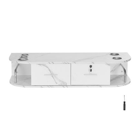 Wall-Mounted Salon Station, Equipped with 5 Holders for Hair Dryers, Includes 2 Drawers (One with Lock), Ideal for SPA, Barber Shops, Home & Bathroom Use, in Elegant Marble White