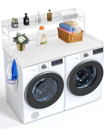 Washer Dryer Countertop with 2-Tier Shelf, 54" x 27" Wooden Washer and Dryer Countertop with Anti-Slip Pads, Water-Resistant Laundry Topper Cover for Laundry Room Organization and Storage, White