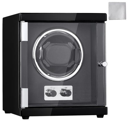 Watch Winder, Single Watch Winder for Men's and Women's Automatic Watch, with Super Quiet Japanese Mabuchi Motor, Blue LED Light and Adapter, High-Density Board Shell and Black PU