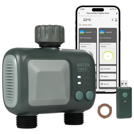 WiFi Sprinkler Timer, 2 Outlets, Smart Hose Faucet Water Timer with Brass Inlet, APP Control via 2.4Ghz WiFi or Bluetooth, Voice Control with Alexa and Google Assistant, IPX6 for Yard Watering