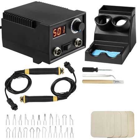 Wood Burning Kit, 200~700 Celsius Adjustable Temperature with Display, Dual Output Port with 2Pyrography Pens, 23Wire Nibs, 4 Wood Chip, 1Pen Holder, 1Screwdriver, 1Knife, 1Tweezers, 1Sponge