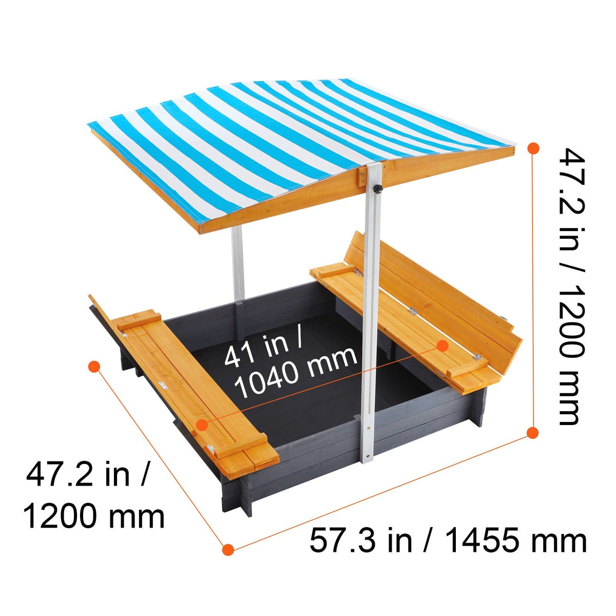 Wooden Sandbox with Canopy, 57.3 x 47.2 x 47.2 in Sand Box, Sand Pit with Foldable Bench Seats and Bottom Liner, Natural Wood Kids Sandbox for Outdoor Backyard, Beach, Park, Gift for Ages 3-12