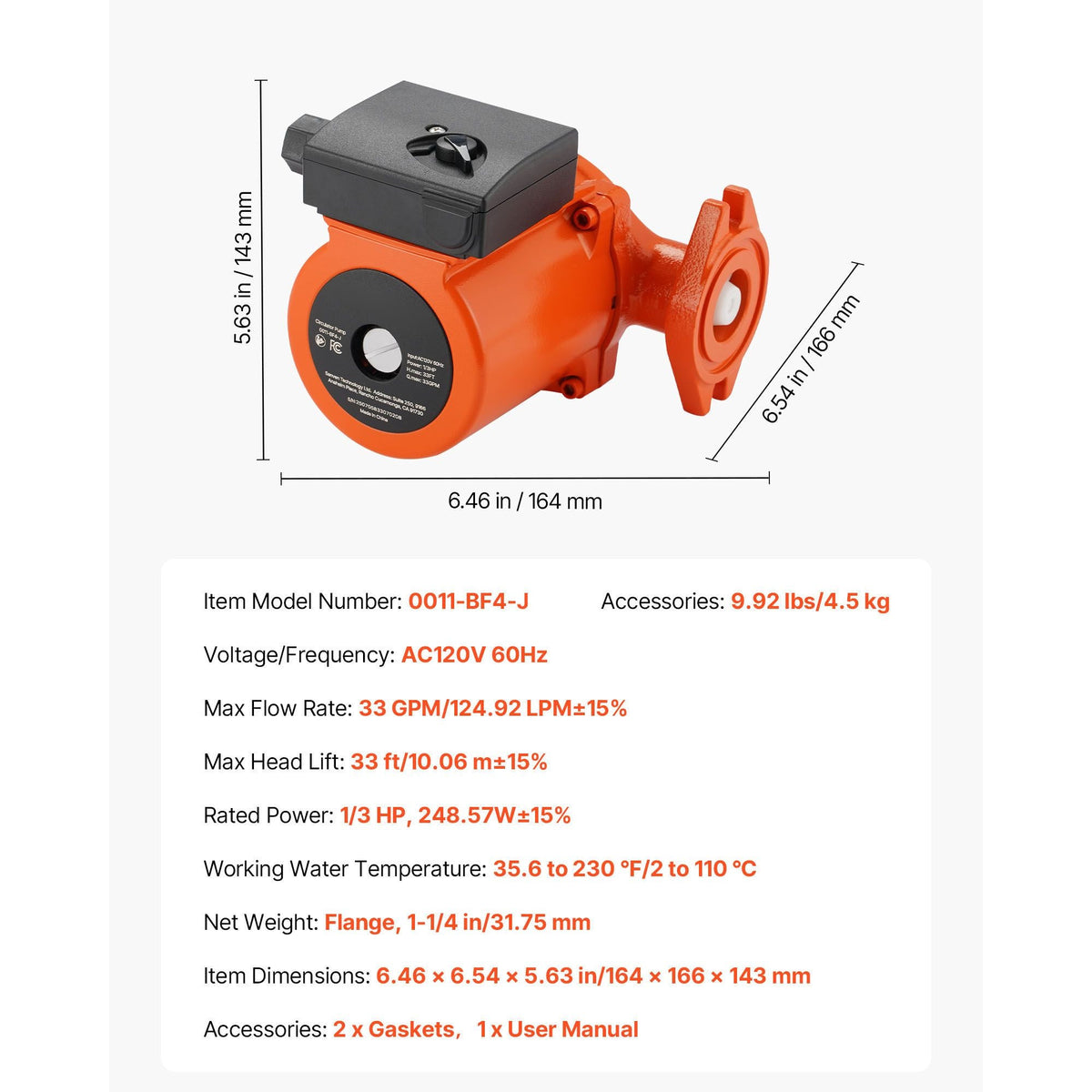 0011-BF4-J Cast Iron Circulator Pump, 33 GPM, AC 120V 33 ft Hot Water Recirculating Circulation Pump, 1-1/4 in Flange Connection, 3-Speed Adjustment, Quiet Operation, for Home Heating System