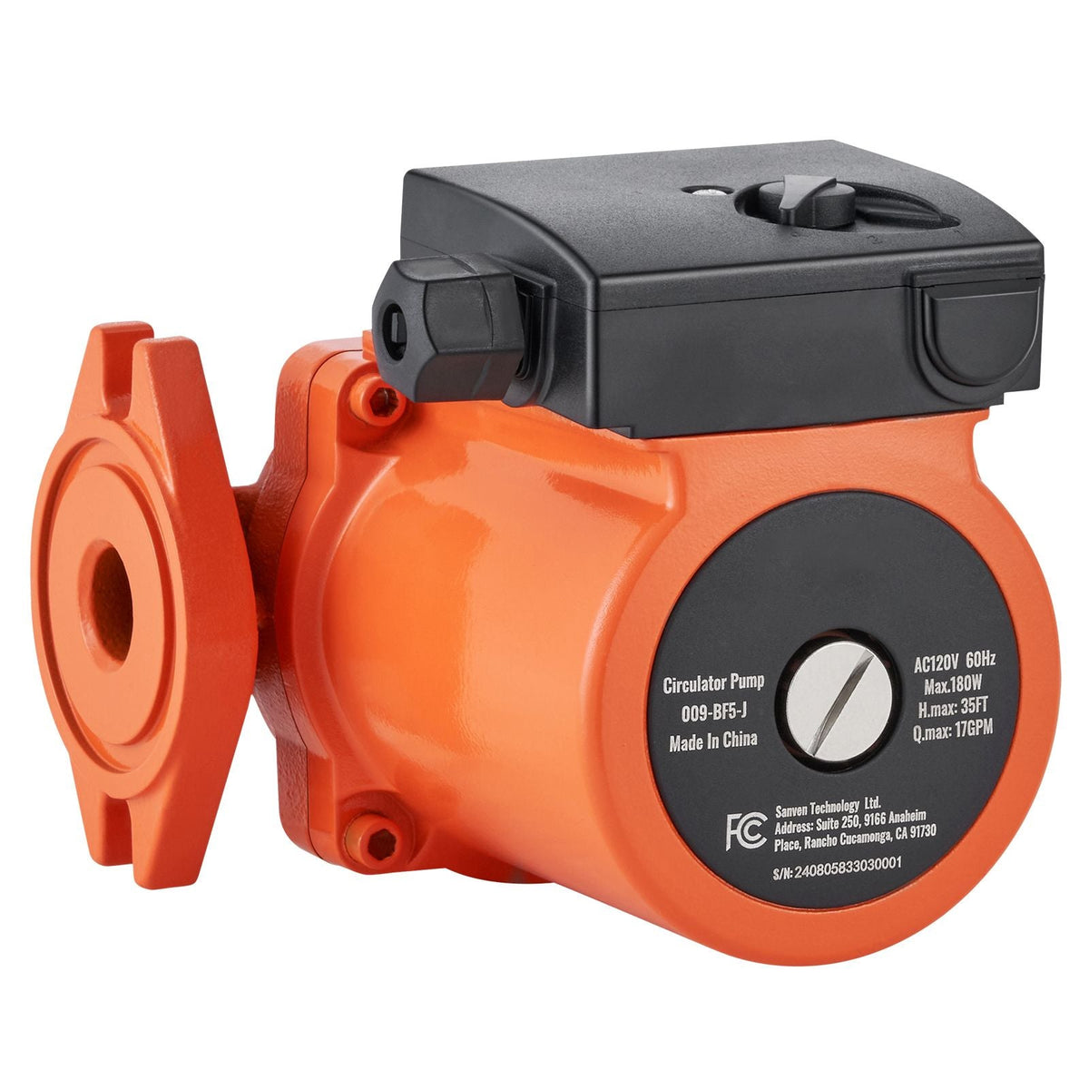 009-BF5-J Hot Water Recirculating Pump, 110V, 180W 10 GPM Hot Water Circulation Pump, 3/4" NPT Flange 3-Speed Circulator Pump, Quiet Operation Circulator Pump for Home Water Heater System